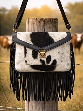 Fringed Cowhide Crossbody Bag in Black & White